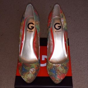 Glittery orange floral platform heel